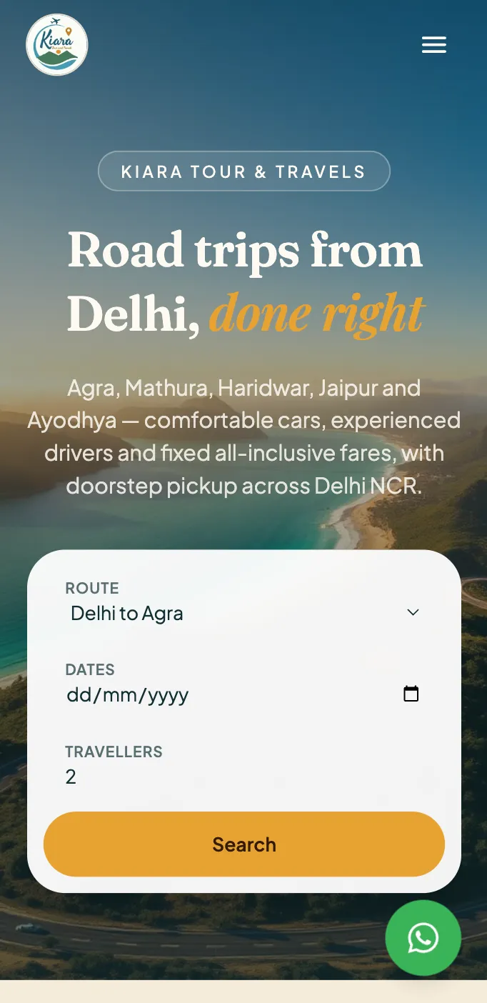 Kiara Tour & Travels mobile view - Single column touch-optimized