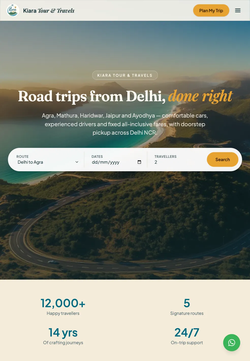 Kiara Tour & Travels tablet view - 2-column grid layout
